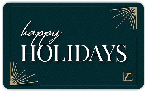 teal gift card with happy holidays and the Fleming's F icon